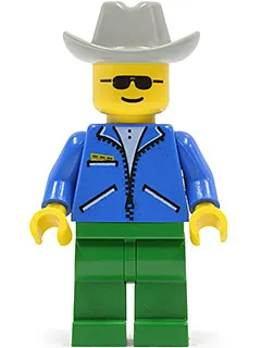 Jacket Blue - Green Legs, Light Gray Cowboy Hat, Sunglasses