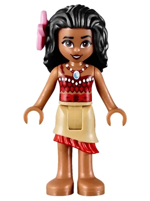 Moana (Medium Nougat) - Mini Doll, Dark Red and Red Top with Strap, Tan Layered Skirt with Red Ruffle, Black Hair, Bright Pink Flower