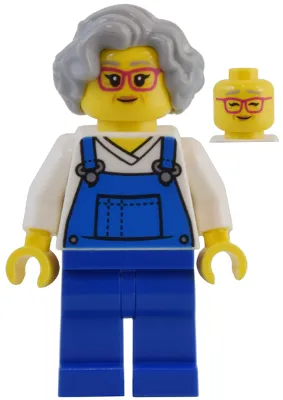 Street Vendor - Female, Blue Overalls over V-Neck Shirt, Blue Legs, Light Bluish Gray Hair, Glasses