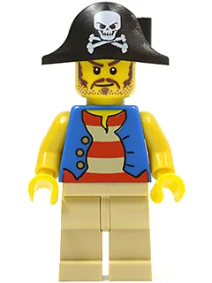 Pirate Blue Vest, Tan Legs, Bicorne Hat with Skull, Long Brown Moustache