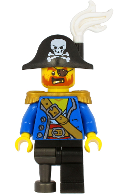 Pirate Captain - Bicorne Hat with Skull and White Plume, Pearl Gold Epaulettes, Blue Open Coat, Black Leg and Pearl Dark Gray Peg Leg