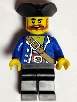 Pirate - Male, Black Tricorne, Dark Orange Beard and Moustache, Blue Open Coat, Medium Nougat Belt, Black Legs