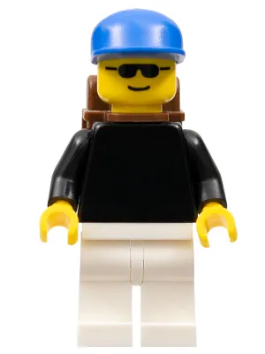 Plain Black Torso with Black Arms, White Legs, Sunglasses, Blue Cap, Backpack
