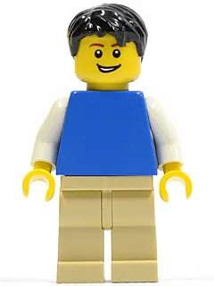 Plain Blue Torso with White Arms, Tan Legs, Black Short Tousled Hair