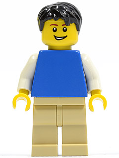 Plain Blue Torso with White Arms, Tan Legs, Black Short Tousled Hair