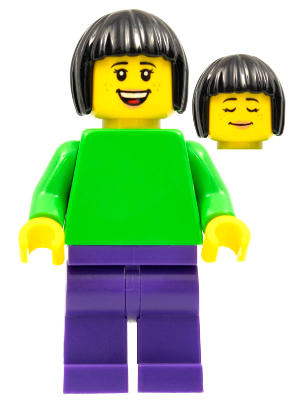 Plain Bright Green Torso with Bright Green Arms, Dark Purple Legs, Black Bobbed Hair