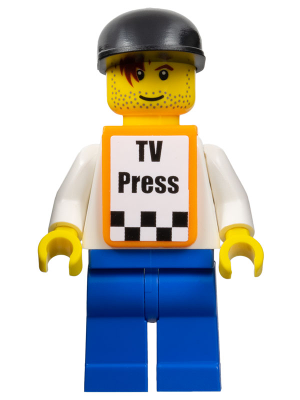F1 Race Camera Operator - Male, White Torso, Blue Legs, Black Cap, Orange Vest with Stickers