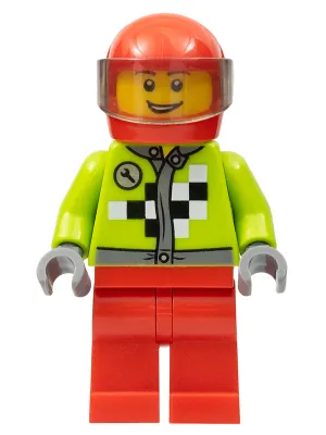 Lime Jacket with Wrench and Black and White Checkered Pattern, Red Legs, Red Helmet, Trans-Brown Visor