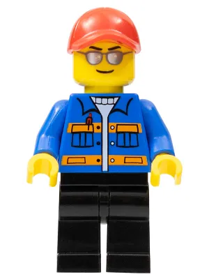 Race Marshal - Blue Jacket with Pockets and Orange Stripes, Black Legs, Red Cap with Hole, Silver Sunglasses