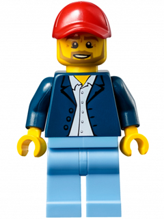 Race Official - Male, Dark Blue Blazer over White Button Down Shirt, Medium Blue Legs, Red Cap with Hole, Beard