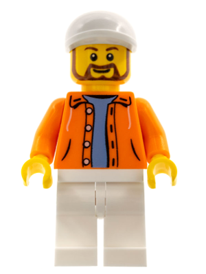 Hot Dog Vendor - Orange Jacket Hoodie over Medium Blue Sweater, White Legs, White Short Bill Cap, Beard