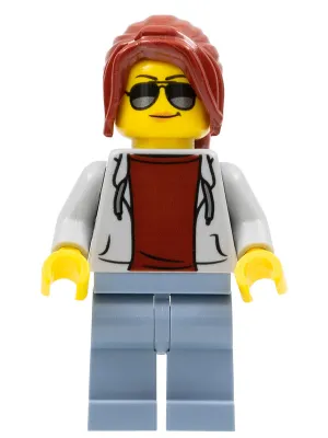 Race Marshal - Female, Light Bluish Gray Hoodie over Dark Red Shirt, Sand Blue Legs, Dark Red Ponytail Long with Side Bangs, Sunglasses and Medium Nougat Lips