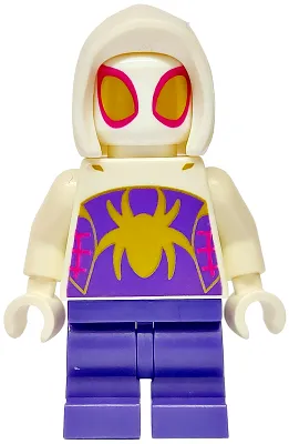 Ghost-Spider (Gwen Stacy) - Dark Purple Medium Legs, White Basic Smooth Hood, Gold Spider Logo and Eyes