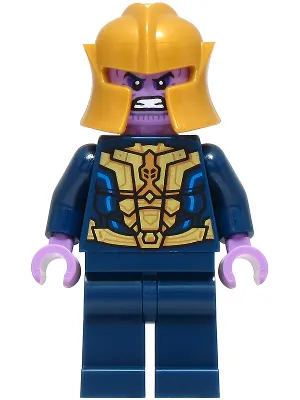 Thanos - Minifigure, Dark Blue and Gold Outfit, Dark Blue Arms, Medium Lavender Hands, Helmet