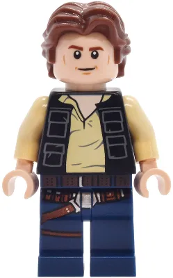 Han Solo - Black Vest with Pockets over Tan Shirt with Dark Bluish Gray Creases, Dark Blue Legs with Belts