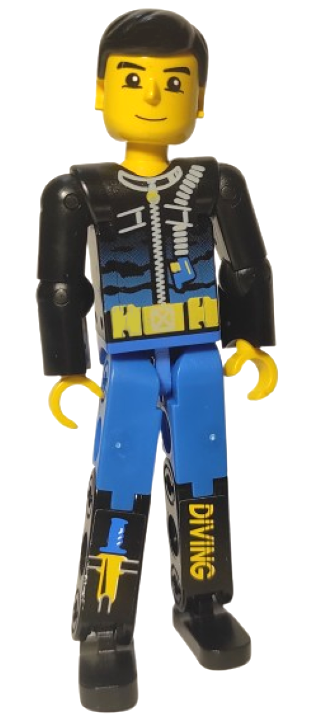 Technic Figure Blue Legs, Black Top with Zippered Wetsuit for Diver, Knife, and 'DIVING' Pattern (Stickers)