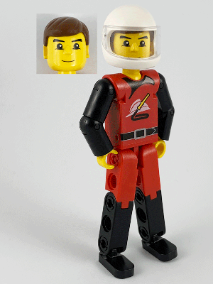 Technic Figure Red/Black Legs, Red Top, Brown Hair (Fireman), White Helmet