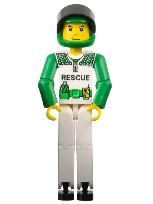 Technic Figure White Legs, White Torso with Black 'RESCUE' and Green Belt, Green Arms, Green Helmet, Black Visor - Without Sticker