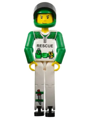Technic Figure White Legs, White Torso with Black 'RESCUE' and Green Belt, Green Arms, Green Helmet, Black Visor - With Sticker