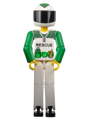 Technic Figure White Legs, White Top with Black 'RESCUE' and Green Belt Pattern, Green Arms, White Helmet with Green Snake, Black Visor - Without Sticker