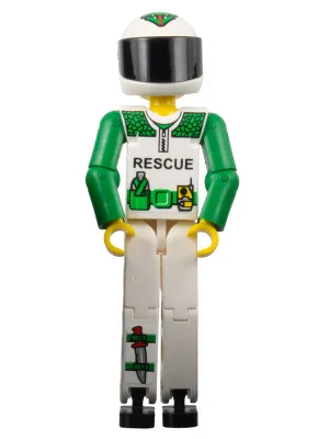 Technic Figure White Legs, White Top with Black 'RESCUE' and Green Belt Pattern, Green Arms, White Helmet with Green Snake, Black Visor - With Sticker
