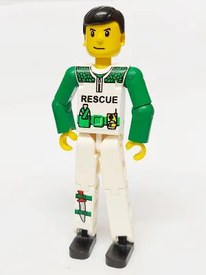 Technic Figure White Legs, White Torso with Black 'RESCUE' and Green Belt, Green Arms - With Sticker