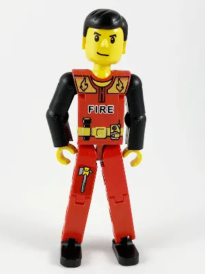 Technic Figure Red Legs, Red Top with Black 'FIRE', Black Arms (Fireman) - With Sticker