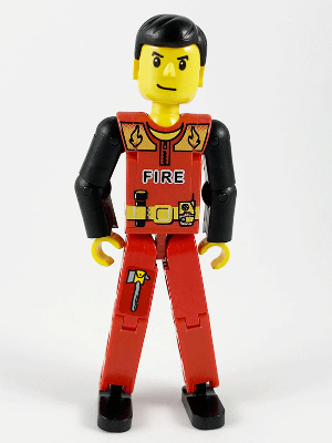 Technic Figure Red Legs, Red Top with Black 'FIRE', Black Arms (Fireman) - With Sticker