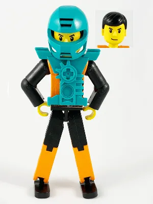 Technic Figure Orange/Black Legs, Orange Torso with Silver Pattern, Black Arms, Black Hair, Dark Turquoise Helmet and Armor