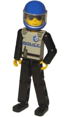 Technic Figure Black Legs, Light Gray Top with Police Pattern, Black Arms, Blue Helmet