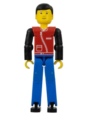 Technic Figure Blue Legs, Red Top with Zipper, Black Arms, Black Hair
