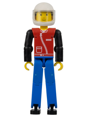 Technic Figure Blue Legs, Red Top with Zipper, Black Arms, Black Hair, White Helmet