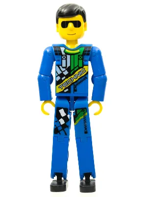 Technic Figure Blue Legs, Blue Top with Technic Logo, Black Hair and Sunglasses - with Stickers