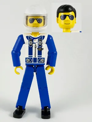 Technic Figure Blue Legs, White Top with Zipper and Blue Shoulder Harness Pattern, Blue Arms, White Helmet, Trans-Clear Visor