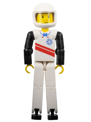 Technic Figure White Legs, White Top with Red Stripes Pattern, Black Arms, White Helmet (Skier)