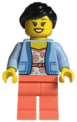 LEGO Store Customer - Female, Bright Light Blue Jacket over White Shirt with Coral Flowers, Coral Legs, Black Ponytail