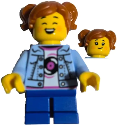 LEGO Brand Store Customer - Girl, Bright Light Blue Denim Jacket over Shirt with Record, Blue Short Legs, Dark Orange Hair