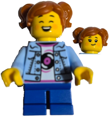 LEGO Brand Store Customer - Girl, Bright Light Blue Denim Jacket over Shirt with Record, Blue Short Legs, Dark Orange Hair