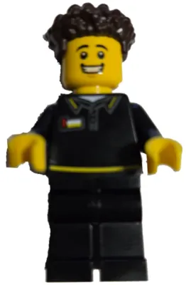 LEGO Brand Store Employee - Male, Black Shirt with Yellow Stripes, Dark Brown Coiled Hair