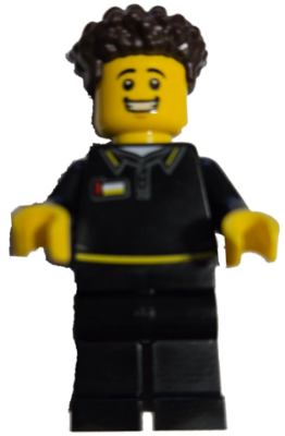 LEGO Brand Store Employee - Male, Black Shirt with Yellow Stripes, Dark Brown Coiled Hair