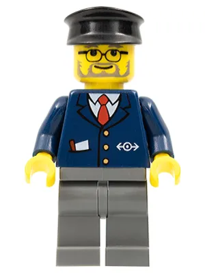 Dark Blue Suit with Train Logo, Dark Bluish Gray Legs, Black Hat, Gray Beard