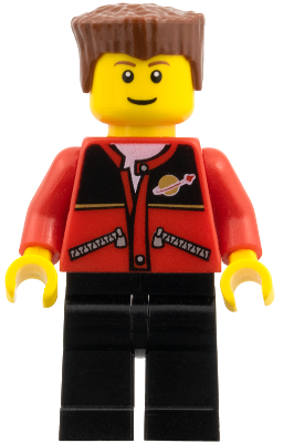 Red Jacket with Zipper Pockets and Classic Space Logo, Black Legs, Reddish Brown Flat Top Hair
