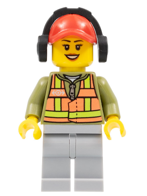 Light Orange Safety Vest, Light Bluish Gray Legs, Red Cap with Hole, Headphones, Dark Orange Lips