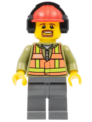 Light Orange Safety Vest, Dark Bluish Gray Legs, Red Construction Helmet with Black Ear Protectors / Headphones, Goatee