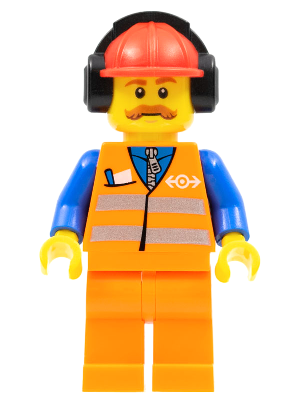 Orange Vest with Safety Stripes - Orange Legs, Red Construction Helmet with Black Ear Protectors / Headphones