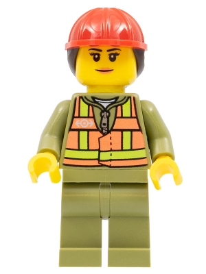 Train Worker - Female, Orange Safety Vest with Lime Straps, Olive Green Legs, Red Construction Helmet with Dark Brown Ponytail Hair