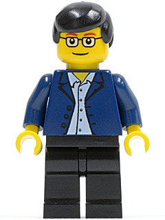 Dark Blue Jacket, Light Blue Shirt, Black Legs, Square Glasses, Black Male Hair
