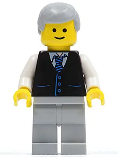 Black Vest with Blue Striped Tie, Light Bluish Gray Legs, White Arms, Light Bluish Gray Male Hair, Smile