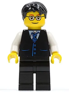 Black Vest with Blue Striped Tie, Black Legs, White Arms, Black Short Tousled Hair, Glasses