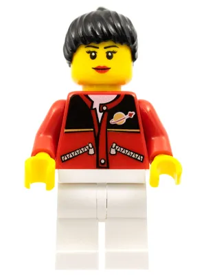 Red Jacket with Zipper Pockets and Classic Space Logo, White Legs, Black Female Ponytail Hair, Black Eyebrows